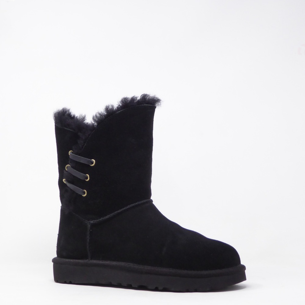 UGG Women Constantine Mid Calf Boots Black Suede Shearling Trim Side Lace Up 6